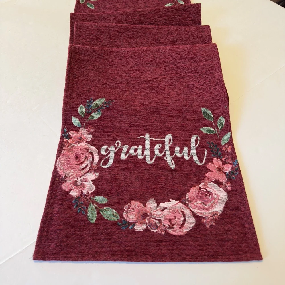 Grateful Floral‎ Tapestry Table Runner Burgundy Wine 70x12.5 Thanksgiving Fall
